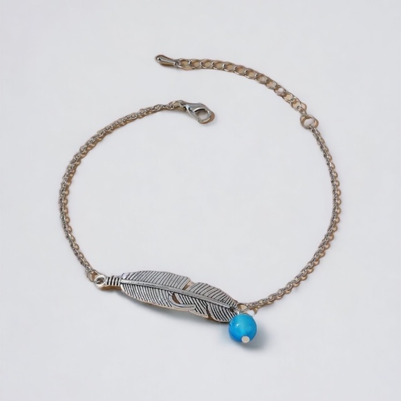 SILVER FEATHER ANKLE BRACELET WITH TURQUOISE BEAD - Picture 2 of 3